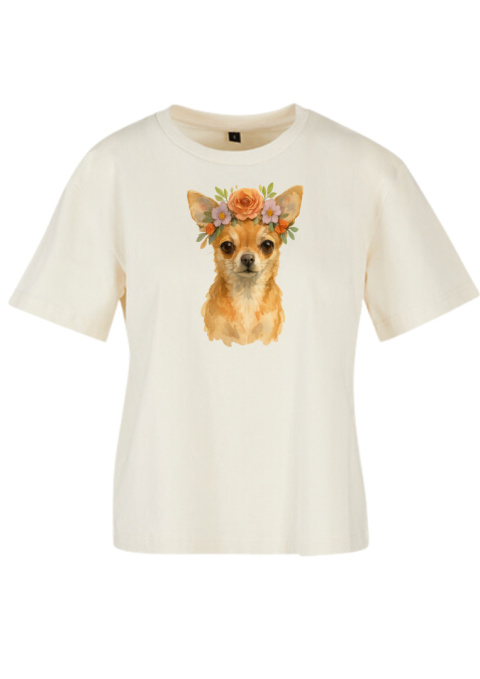 Koszulka w luźnym fasonie - Chihuahua w kwiecistym wianku