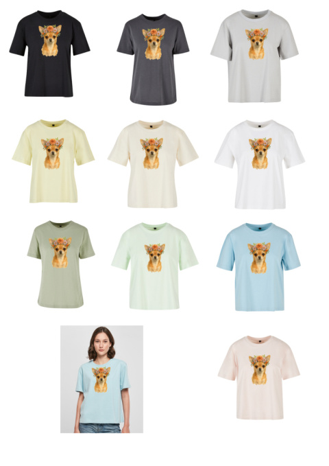Koszulka w luźnym fasonie - Chihuahua w kwiecistym wianku Koszulka w luźnym fasonie - Chihuahua w kwiecistym wianku